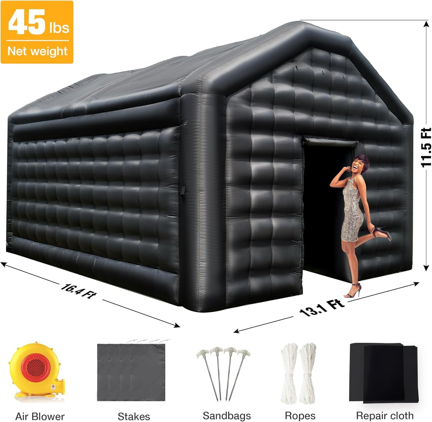 Small Black Inflatable Night Club 16.4x13x11.5Ft Disco Cube Gazebo Event House with Logo Area Portable Inflatable Party Tent for Birthday, School Events, Backyard Party, Rental Business